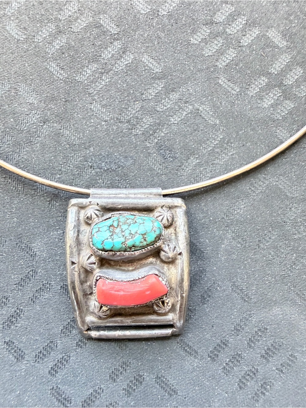 Vintage Signed Navajo Serling Turquoise & Coral Statement Pendant Collar